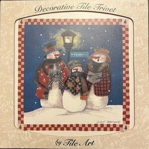 Vintage Christmas Decorative Tile Trivet Snowman Family